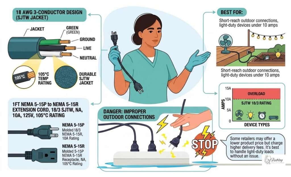 1FT NEMA 5-15P to NEMA 5-15R Extension Cord 18/3 SJTW NA 10A 125V